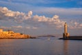 Boat in picturesque old port of Chania, Crete island. Greece Royalty Free Stock Photo