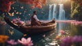 boat in a pond A fantasy boatman punting a boat on a river of flowers, with waterfalls, butterflies, and fairies.