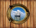 Boat Porthole Window Ship With Ocean View And Wood Background
