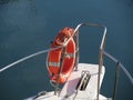 Boat prow with orange lifebelt on the sea water . Rescue concept