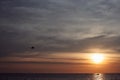 Boat pulls a parachute, at sea, at sunset