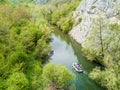 Boat rafting on river. Aerial view from a drone in Nera's Gorges Royalty Free Stock Photo