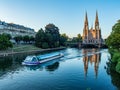 Boat and Reformed Church of Saint Paul in Strasbourg Royalty Free Stock Photo