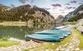 Rental for tourists on a mountain lake in the valley of Nuria, Spain. Pyrenees ridge Royalty Free Stock Photo