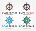 Boat Repair, Maintenance, Refurbishment logo. Boat wheel with gear. Fix icon Royalty Free Stock Photo