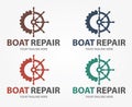 Boat Repair, Maintenance, Refurbishment logo. Boat wheel with gear. Fix icon