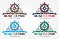 Boat Repair, Maintenance, Refurbishment logo. Boat wheel with gear. Fix icon