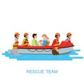 Boat rescue team helping people by pushing a boat through a flooded isolate on white Royalty Free Stock Photo