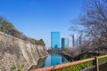 Boat ride around moat for sightseeing the Osaka Castle one of most famous landmarks of Japan Royalty Free Stock Photo