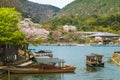 Boat ride pier at Hozugawa River in arashiyama, kyoto, japan Royalty Free Stock Photo