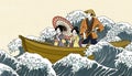 Boat ride trip in ukiyo-e style