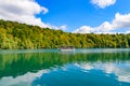 Boat ride on turquoise lake at Plitvice Lakes National Park, Croatia Royalty Free Stock Photo