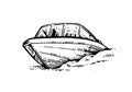 Boat rides on waves. Front view. Small ship sails on sea, lake or river. Plastic composite boat with motor. Hand drawn Royalty Free Stock Photo