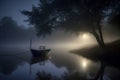 boat by river bank at foogy night