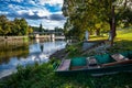 Boat on river bank, Kolodeje nad Luznici in autumn Royalty Free Stock Photo