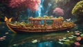 boat on the river A fantasy canal boat with a flower tree in a river , with waterfalls, butterflies, Royalty Free Stock Photo