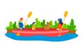 Boat at river nature, cartoon family with child travel by summer lake water, vector illustration. People father mother