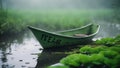 boat on the river A scary paper boat with the word fear written on it, drifting on a green swamp with fog,