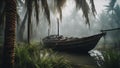 boat on the river A scary sail boat seen through palm trees, in a swamp of slime, with fog, vines, . Royalty Free Stock Photo