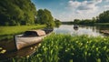 boat on the river Spring summer landscape blue sky clouds Narew river boat green trees countryside grass Royalty Free Stock Photo