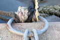 Boat ropes securely tied to a metal ring Royalty Free Stock Photo