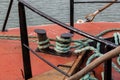 Boat ropes tied around a bollard on a fishing boat Royalty Free Stock Photo