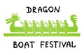 Boat with rowers. Green cartoon boat on a white background. Text - Dragon Boat Festival.