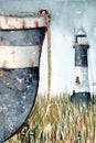 A boat`s nose, old lighthouse and tick grass