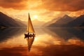 Boat sailing across serene lake at dawn. Generative AI Royalty Free Stock Photo