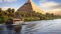 Boat sailing along the Nile River, passing majestic pyramids, AI-generated.