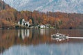 Boat sailing on Hallstatter Lake, Upper Austria.