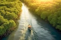 Boat sailing on the river in the middle of a tropical mangrove forest. Boat floating on a river with mangrove trees. Generative AI Royalty Free Stock Photo