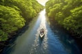 Boat sailing on the river in the middle of a tropical mangrove forest. Boat floating on a river with mangrove trees. Generative AI Royalty Free Stock Photo