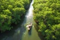 Boat sailing on the river in the middle of a tropical mangrove forest. Boat floating on a river with mangrove trees. Generative AI Royalty Free Stock Photo