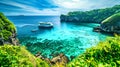 A boat sails along the rocky shore in a tropical bay Royalty Free Stock Photo