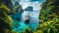 A boat sails along the rocky shore in a tropical bay Royalty Free Stock Photo