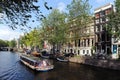 Boat sails in canal of Amsterdam