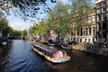 Boat sails in canal of Amsterdam