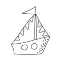 boat with sails and flag floating in sea or ocean. Sailboat and water waves. Hand-drawn flat vector illustration Royalty Free Stock Photo