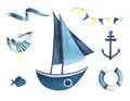 A boat with sails, a lifebuoy, an anchor, a garland with flags, a seagull in a vest, a ribbon and a fish. Watercolor