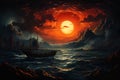 the boat sails through a stormy sea, a dark dramatic sky with gloomy clouds