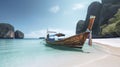 boat on sand of Maya bay Phi phi island. AI Generative Royalty Free Stock Photo