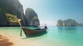 boat on sand of Maya bay Phi phi island. AI Generative Royalty Free Stock Photo