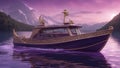 boat on the sea A fantasy motor boat with magical navigation, flying on a purple sky above a crystal lake.