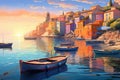 Boat on the sea, old town in the background, vector illustration, Colorful seashore city landscape view with dinghy boats floating Royalty Free Stock Photo