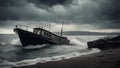 boat on the sea A scary motor boat with cursed navigation, sinking on a black sea under a stormy sky.