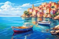 Boat on the sea. Vector illustration of a beautiful island, Colorful seashore city landscape view with beautiful dinghy boats