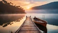 Boat on the serene foggy lake in with the boardwalk in Muskoka Canada in the misty morning