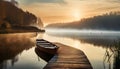 Boat on the serene foggy lake in with the boardwalk in Muskoka Canada in the misty morning