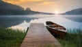 Boat on the serene foggy lake in with the boardwalk in Muskoka Canada in the misty morning